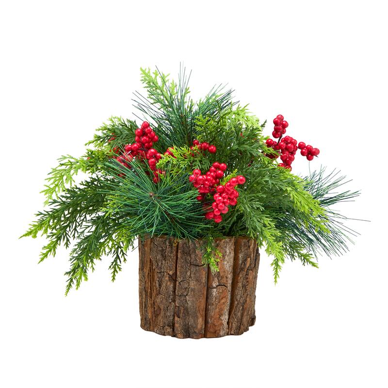 National Tree Company 11 in. Artificial Feel Real Christmas Classic Greenery in a Wood Pot with Red Berries and Cypress Tips