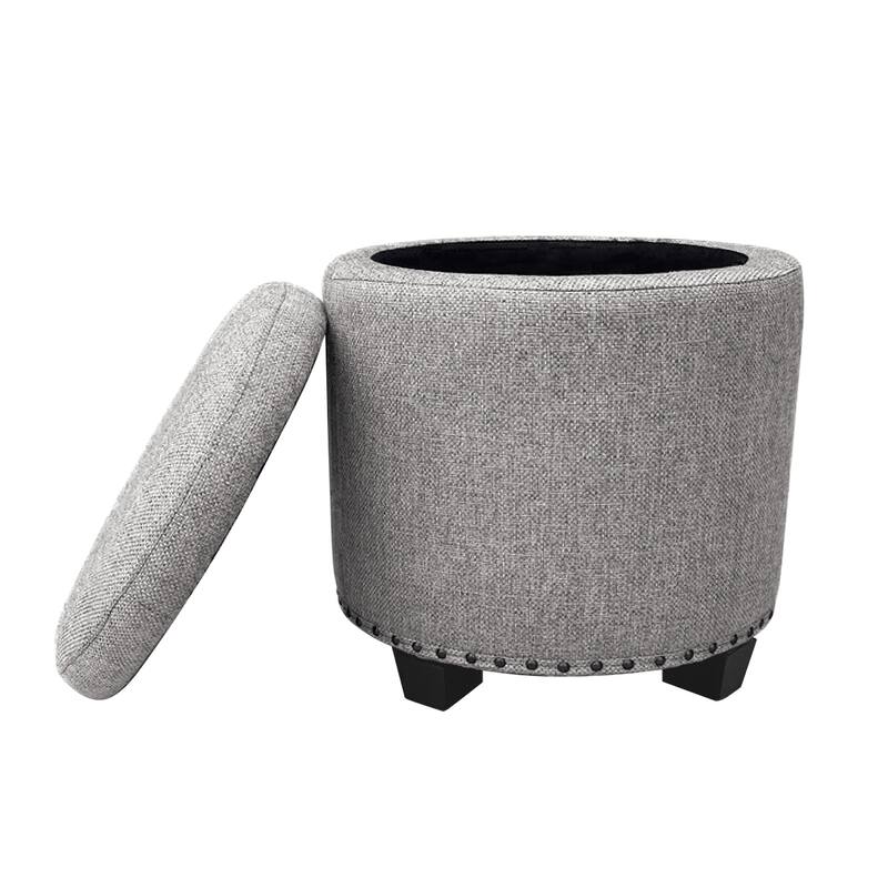 Zoya 19 Inch Round Storage Ottoman with Lift Top in Light Gray Woven Fabric