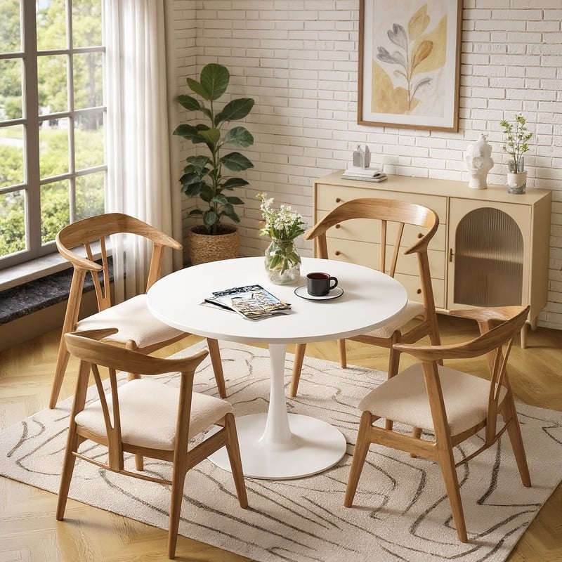 Grondin Mid-Century Modern Round Kitchen or Dining Table with Premium MDF Top and Steel Pedestal Base for Dining Room