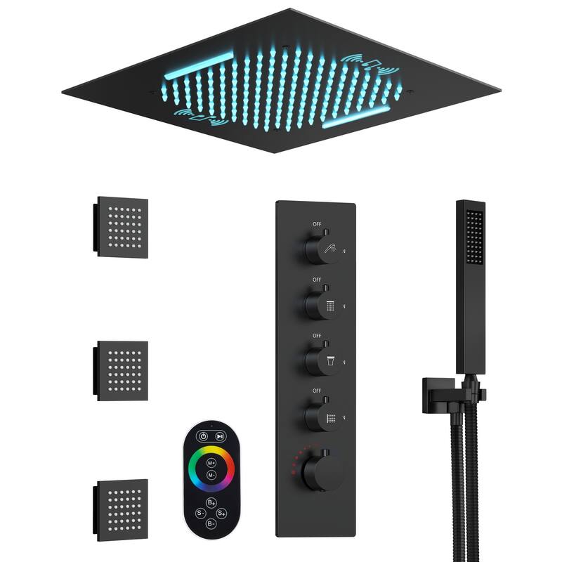 GRANDJOY Thermostatic Shower System 20" Ceiling Mount Shower Head Handheld Spray and Body Jets Combo LED Music