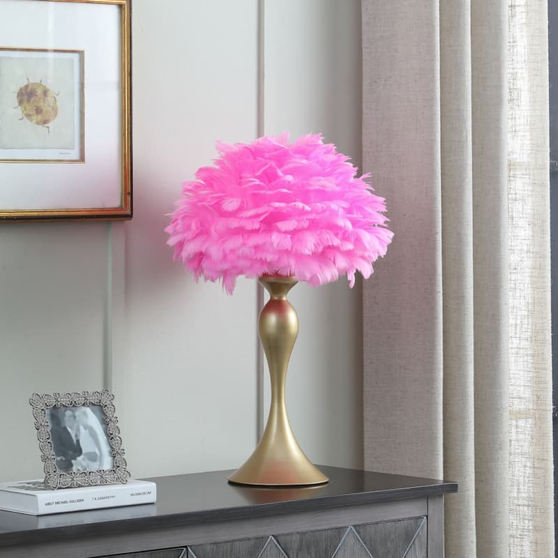 24" Faux Feather and Metal Table Lamp for Living Room - 15.50” x 15.50” x 23.50” - Hot-Pink