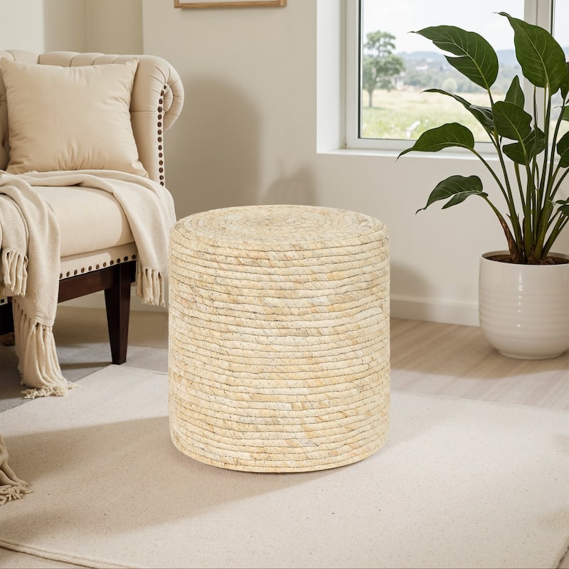 Adeco Round Ottoman Natural Cattail Hand Weave Foot Stool - 15.9" Height - Beige