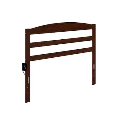 Full Headboard Walnut Wood Slat Design Bedroom Headboard with Charging Station