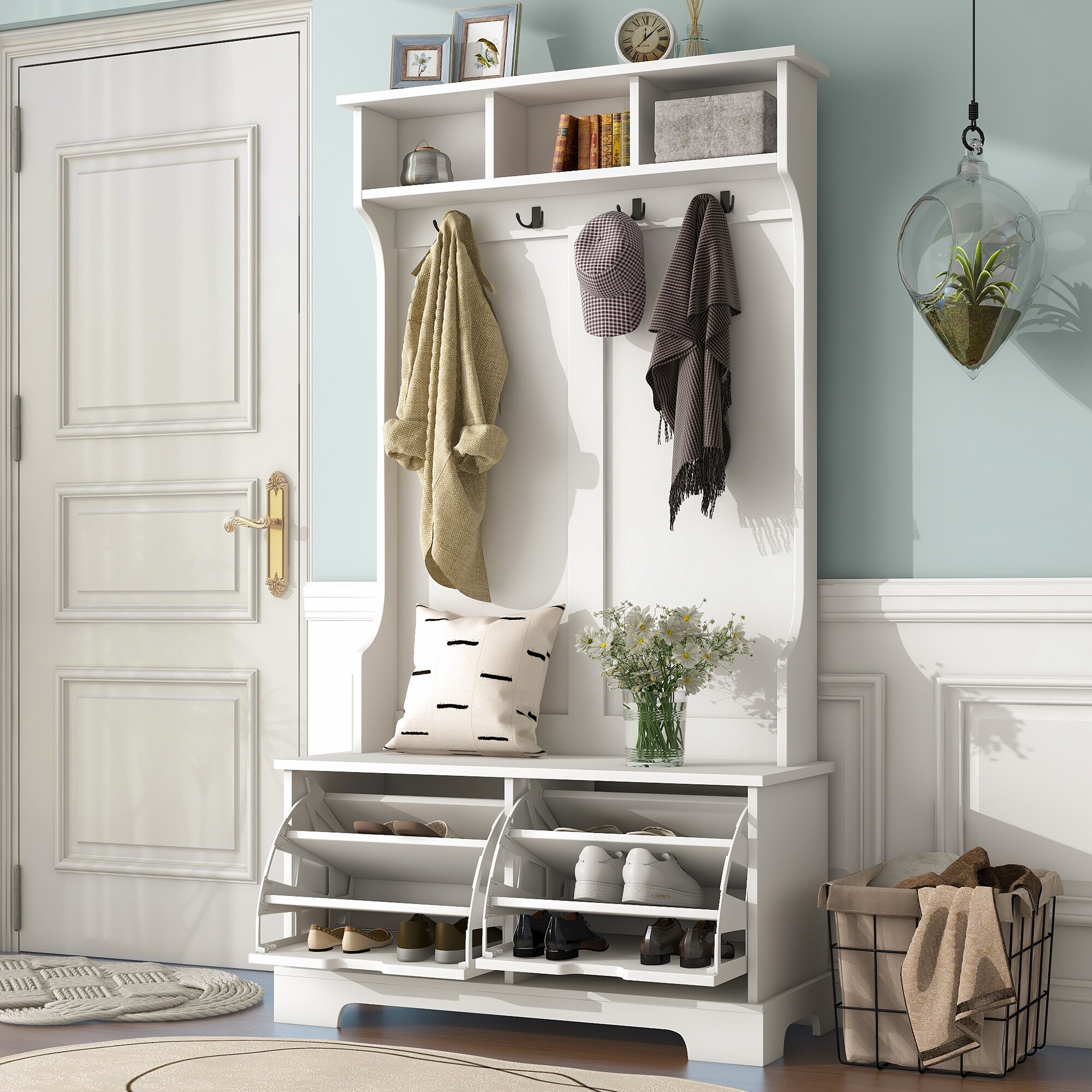White entryway bench with coat rack cheap