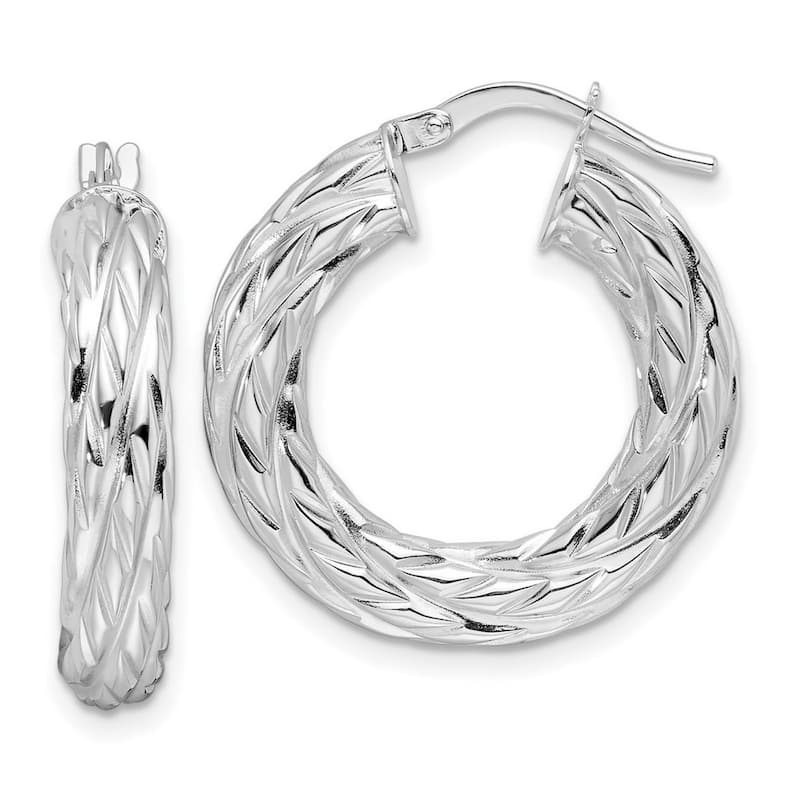 Curata 14k White Gold Polished Woven Texture Round Hoop Earrings - 24.9x23.6mm