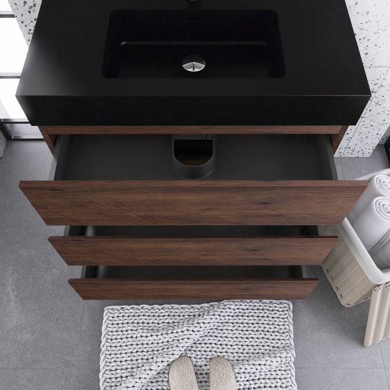 Freestanding Bathroom Vanity with Black Solid Surface Top