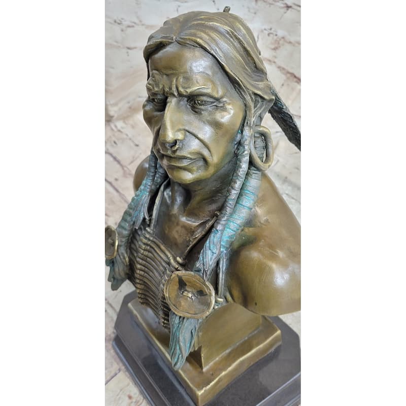 Indian Native American Chief Bust Bronze Marble Base Statue Original Art By Milo