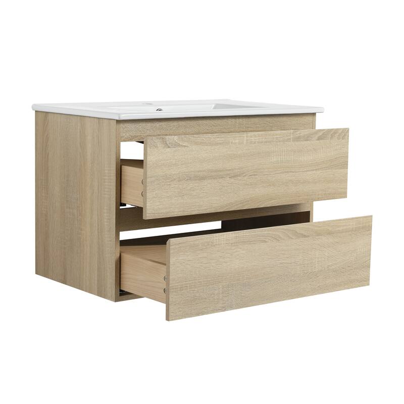 24" Floating Bathroom Vanity with Ceramic Basin, 2 Soft-Close Drawers, Eco-Friendly Plywood Construction