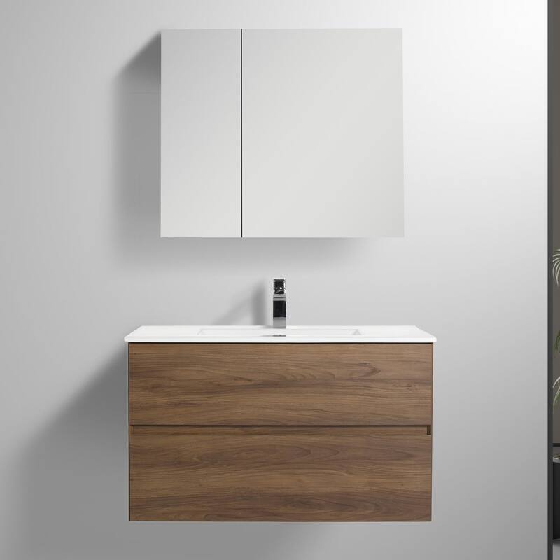Blossom Assisi 36" Wall Mount Vanity w/ Sink, Glossy White - Walnut Finish - Brown Walnut