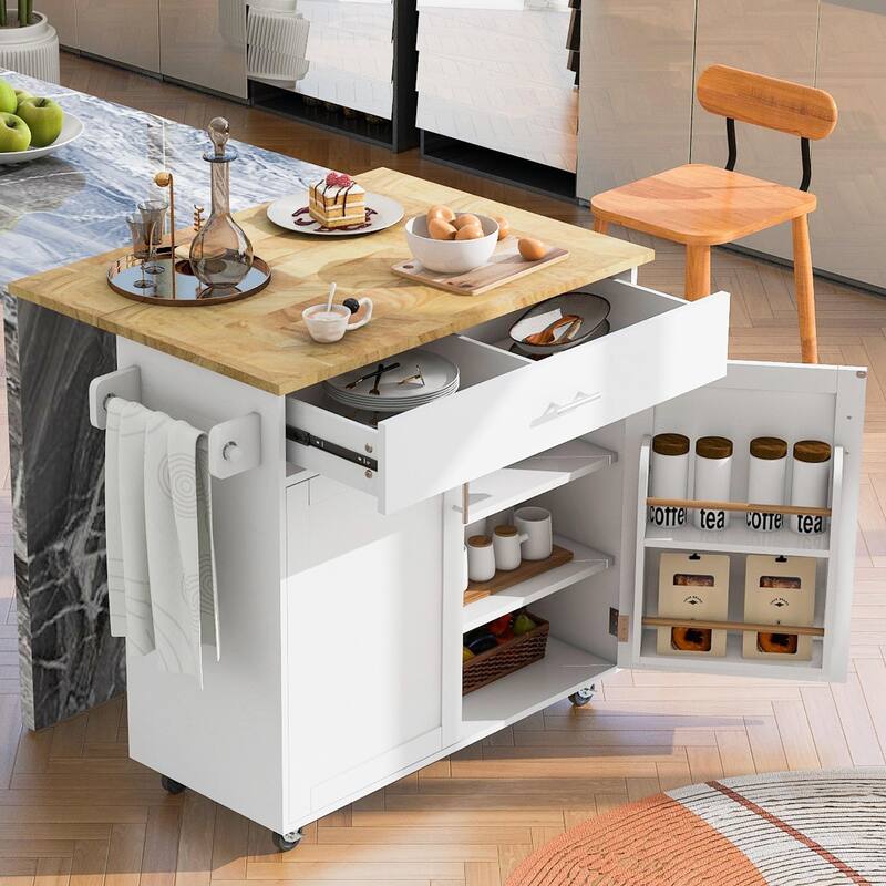 Kitchen Island with Rubber Wood Top, Spacious Drawer, Internal Storage Rack, Wheels - White