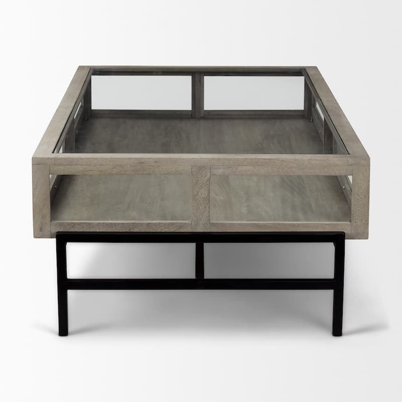 Arelius Glass-Top Gray Wood w/ Black Metal Base Rectangular Display Coffee Table