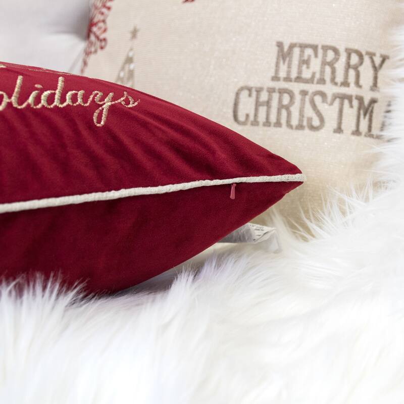 Happy Holidays Embroidered Velvet Throw Pillow - 20x20" Red Christmas Accent Cushion with Gold Detailing