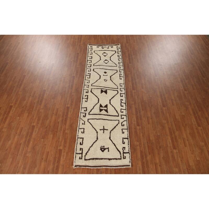 Anatolian Beige Turkish Runner Rug Handmade Geometric Wool Carpet - 3'6"x 12'4"