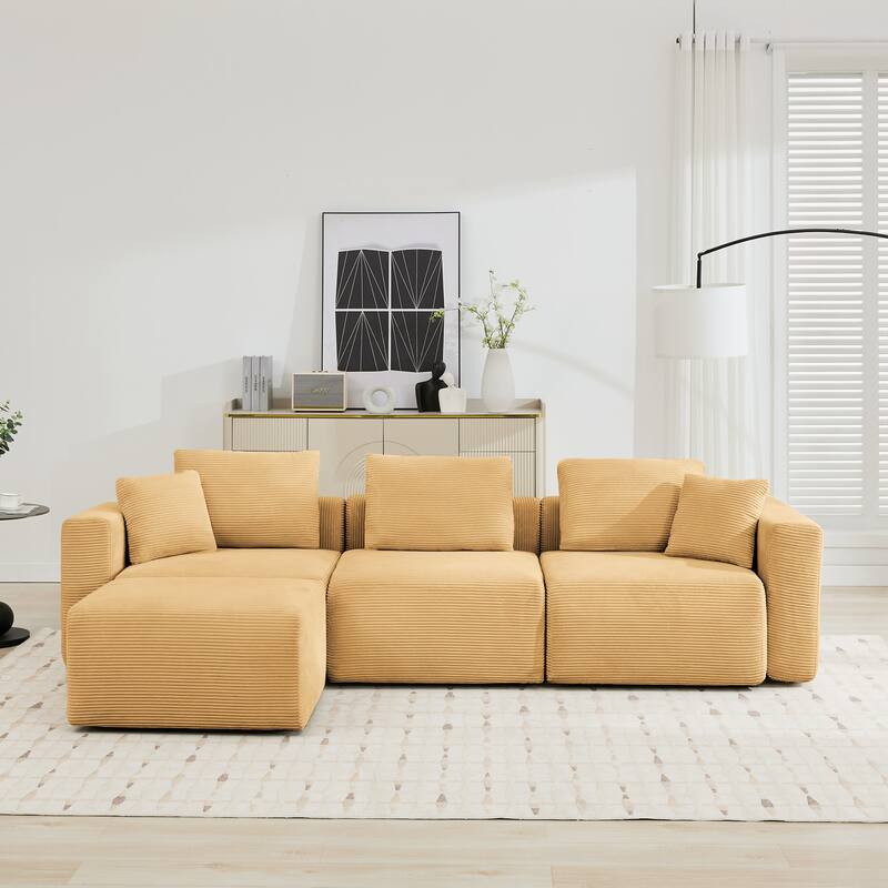 Corduroy Sectional Modular Sofa with Square Arms & Ottoman Extension for Flexible Arrangements