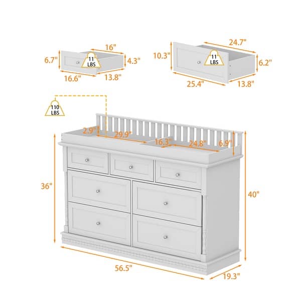dimension image slide 0 of 2, White Baby Changing Table Dresser with 7 Drawers Nursery Storage Cabinet for Infant Essentials Chest