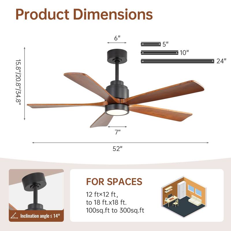 Sofucor 52 Inch Ceiling Fan with Light,6-Speed Quiet Remote Control,Dimmable LED,for Living Room, Bedroom and other Indoor