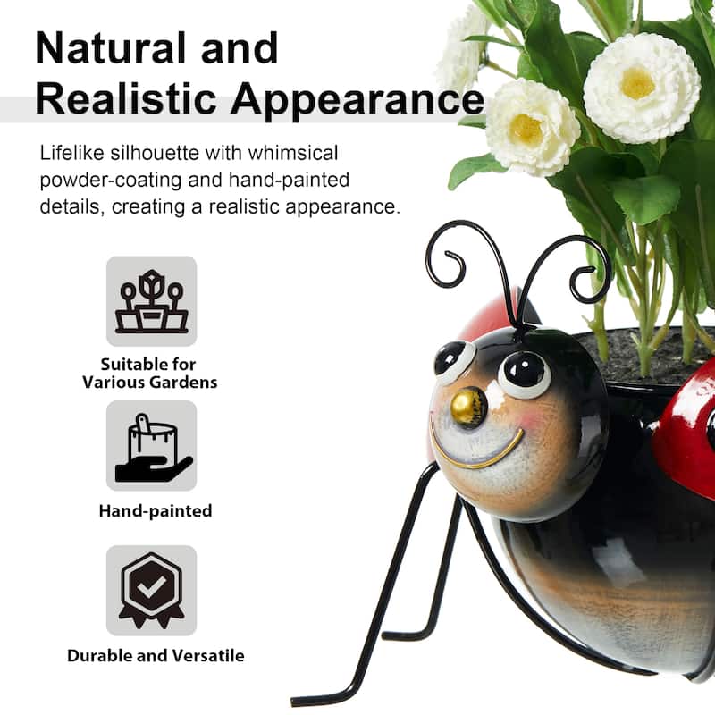 Glitzhome 10"W Set of 2 Metal Bee and Ladybug Statue Planter with Drainage Hole