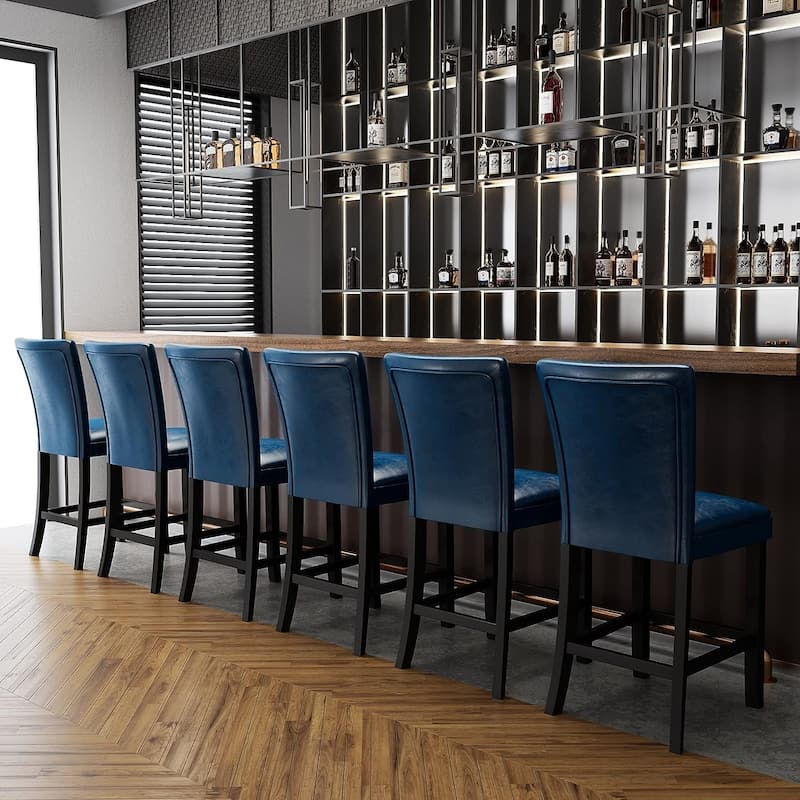 Bar Stools Faux Leather Upholstered Chairs Dining Chairs - Set of 6 - Blue