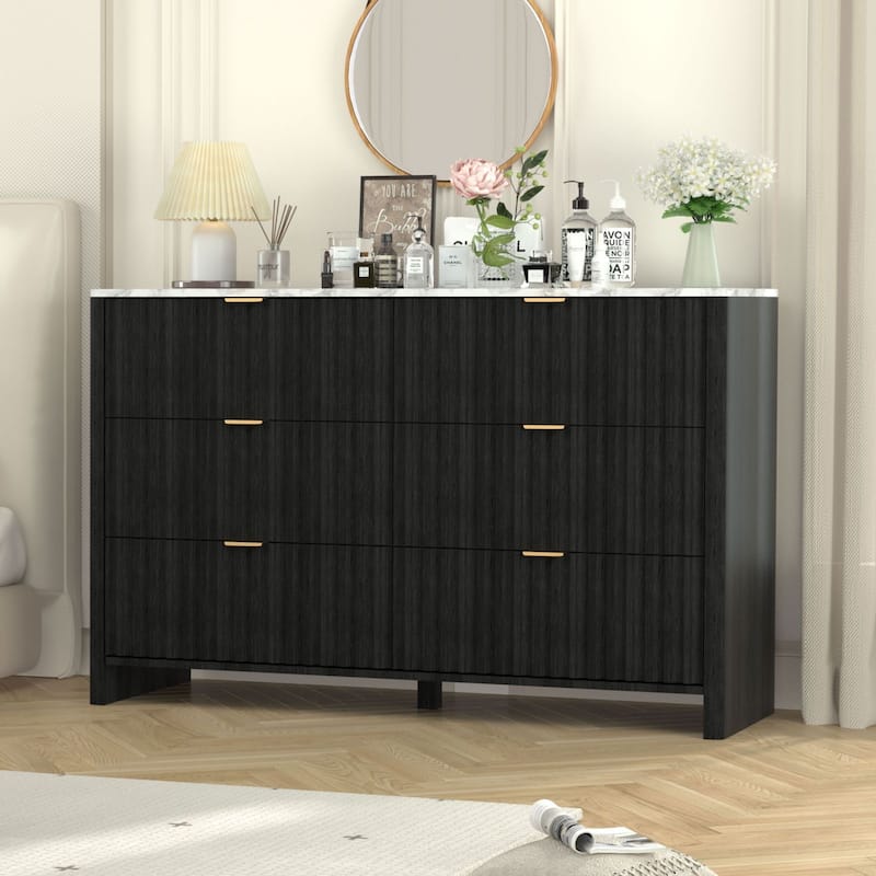VEIKOUS 6-Drawer Dresser for Bedroom, Wooden Chest of Drawers with White Faux Marble Top - Dark Black
