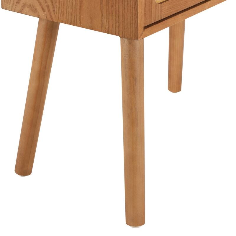 Mid-Century Modern Rattan Nightstand with Rotating Hidden Compartment and Wood Legs