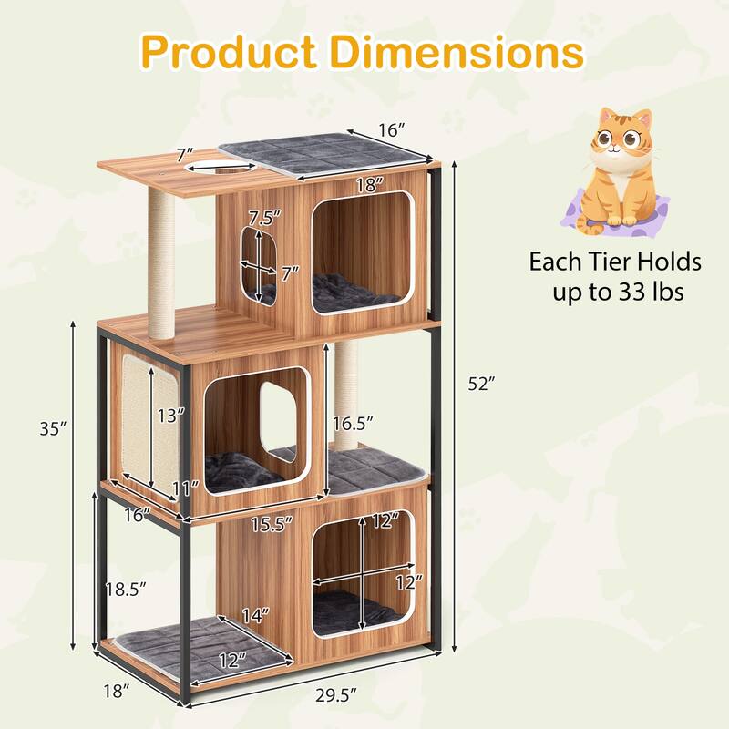 Natural Gray Black Multi-Level Cat Tree Sisal Plush with Condos