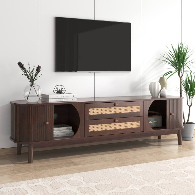 Rattan TV Stand for TVs up to 75", Boho Entertainment Center with 2 Doors & 2 Drawers, Long TV Console with 2 Cord Holes