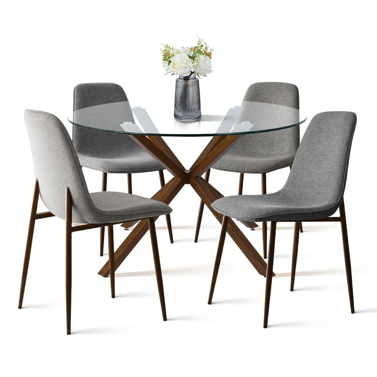 Modern Round Glass Table Set for 4 with Upholstered Dining Chairs