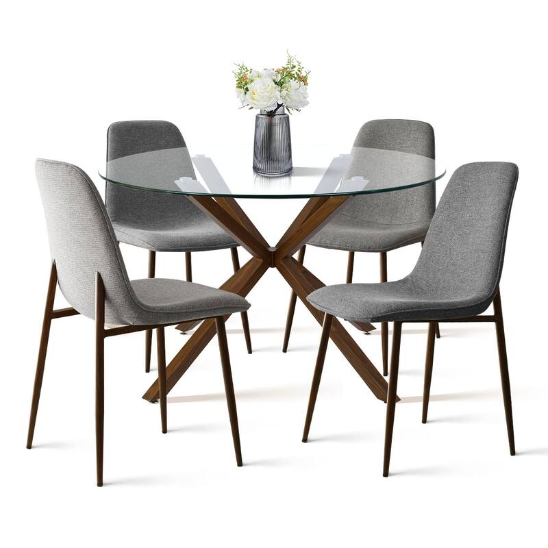 Modern Round Glass Table Set for 4 with Upholstered Dining Chairs - Grey