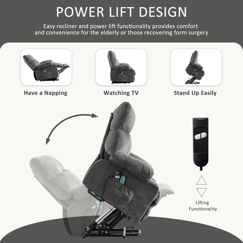 Blue Power Lift Recliner with Heating, Massage, USB Charging, Side Storage, and Remote Control Functionality