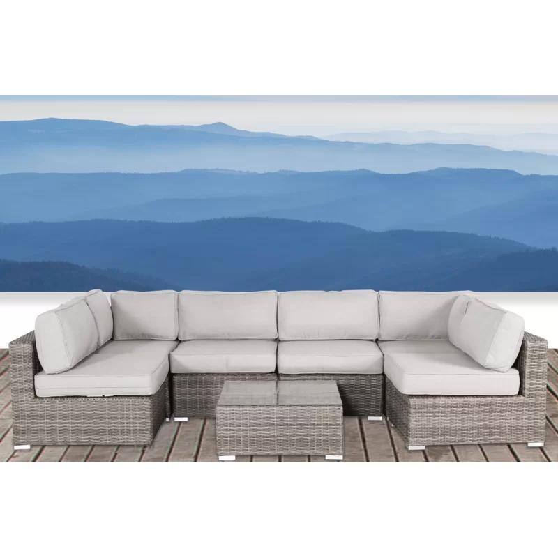 7 Piece Outdoor Sectional Sofa Set, Patio PE Rattan Wicker Conversation Set with Sofa Chair and Glass Top Table - Brown,Gray