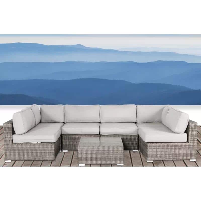7 Piece Outdoor Sectional Sofa Set, Patio PE Rattan Wicker Conversation Set with Sofa Chair and Glass Top Table