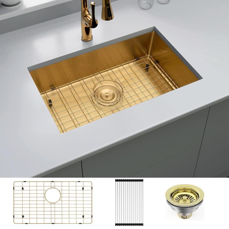 CB HOME 32'' Gold/Black/Sliver Drop in Kitchen Sink with Accessories, Undermount Single Bowl Sink with Grid&Roll up Rack&Drainer