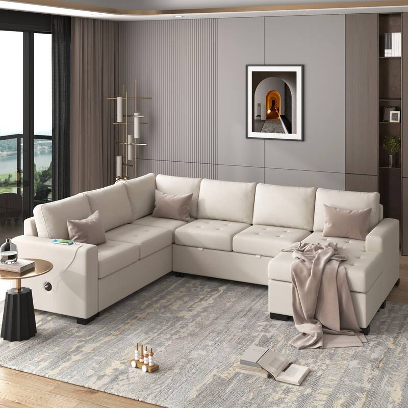 108.3-In Modern U Shape Sectional Sofa,Upholstered Sleeper Sofa with Chaise,Charging Station - Beige