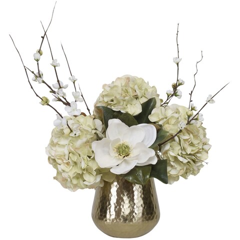 Uttermost 60191 Seabrook 24"W Magnolia and Hydrangea Farmhouse Floral - Hammered Gold