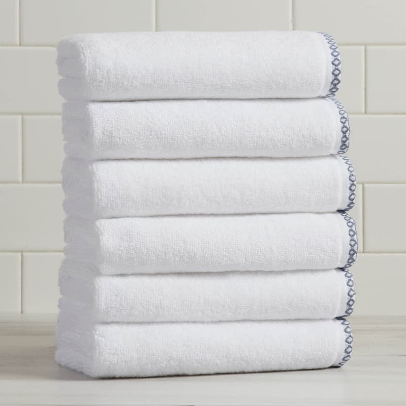 Linery & Co. Quick-Dry Cotton and Decorative Border Towel Set - Hand Towel (Pack of 6) - White / Chambray Blue