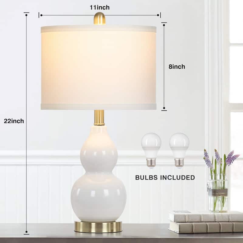 White Ceramic Table Lamps Gourd Lamp Body Drum Shade (Set of 2) - 11'' x 11'' x 22'' (L x W x H)