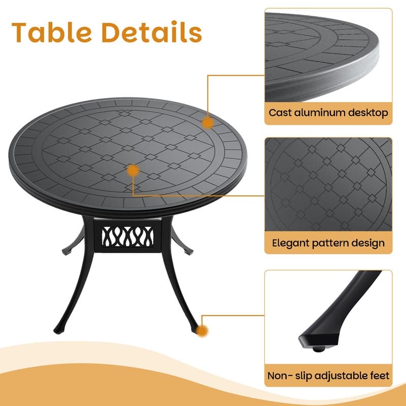 5-Piece Aluminum Round Outdoor Patio Dining Set, 4 Cushioned Swivel Chairs, Table, All-Weather Frames