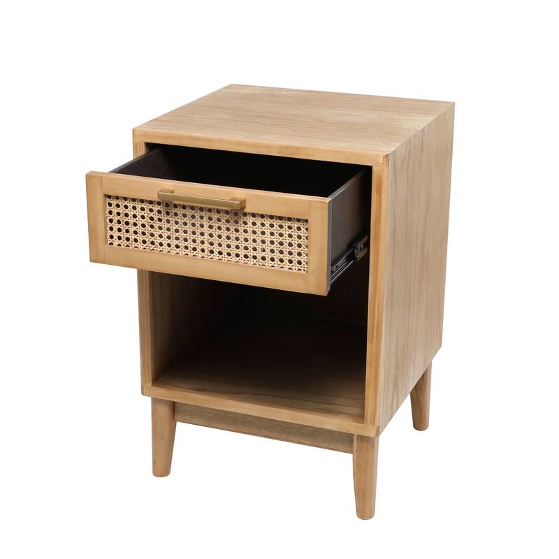 Wood 1 Drawer and 1 Cubby Shelf Accent Table with Beige Rattan Drawer and Gold Handle - Light Brown or Black - Roche River Decor