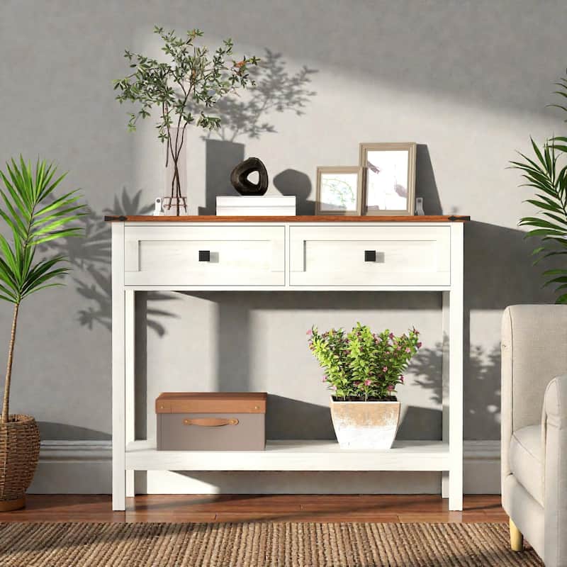Farmhouse Console Table with 2 Drawers and Bottom Shelf, Rustic Entryway Table for Living Room and Hallway Storage - Antique White