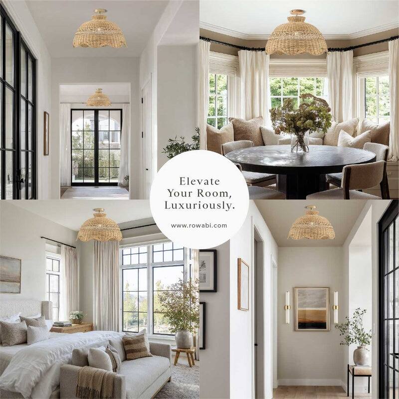 Le Perle Rattan Flush Mount Rattan Natural Handwoven Ceiling Light for Bedroom or Hallway in Farmhouse, Boho, Country Style