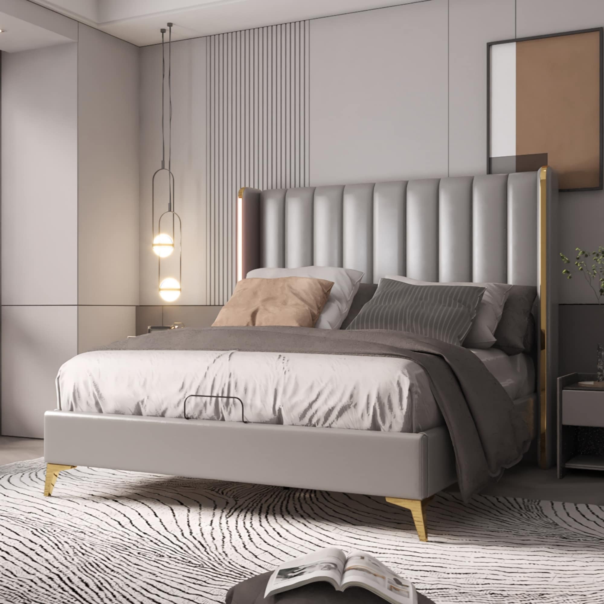 Queen Tall Headboard Channel Tufted Upholstered Platform Bed