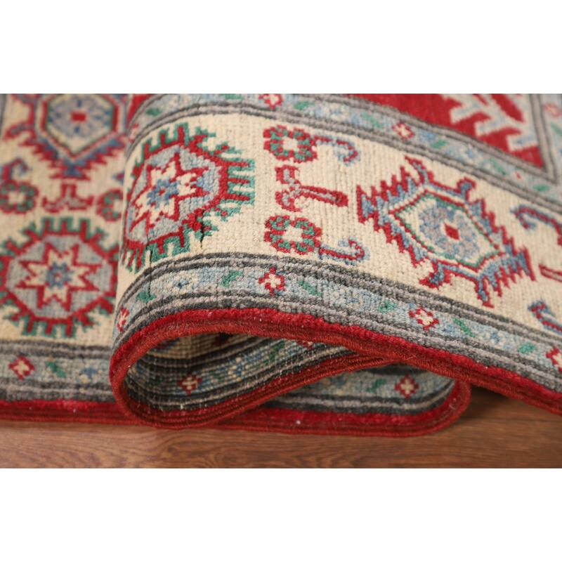 Geometric Red Kazak Accent Rug Hand-Knotted Bedroom Wool Carpet - 2'9" x 3'10"