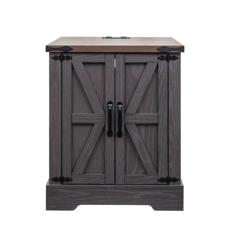 Farmhouse Nightstand with Charging Station, Rustic Bedside Table with Shelf