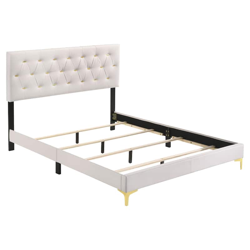 Lif Platform California King Size Bed, Tufted Headboard, Gold, White Velvet