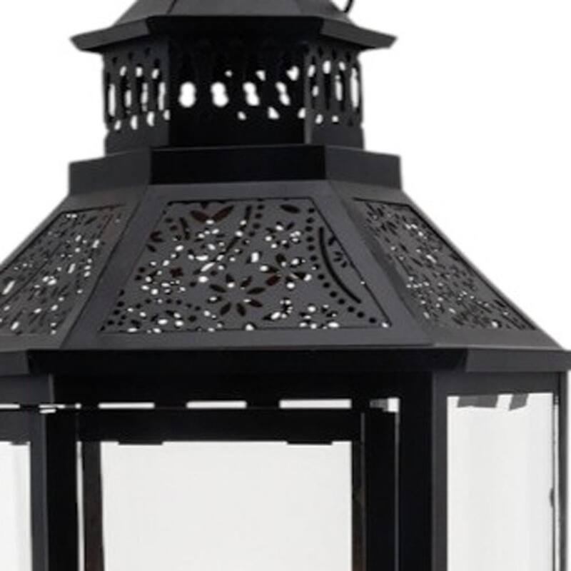Set of Three Clear And Black Glass And Metal Floor Lantern Candle Holders