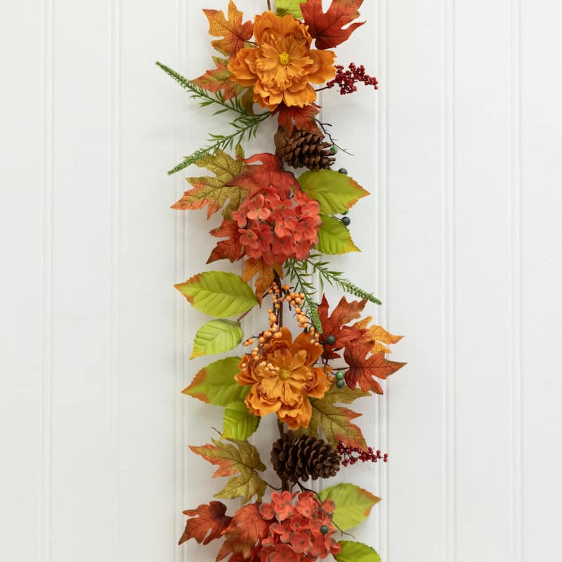 6' Fall Ranunculus, Hydrangea and Berries Autumn Artificial Garland - 72