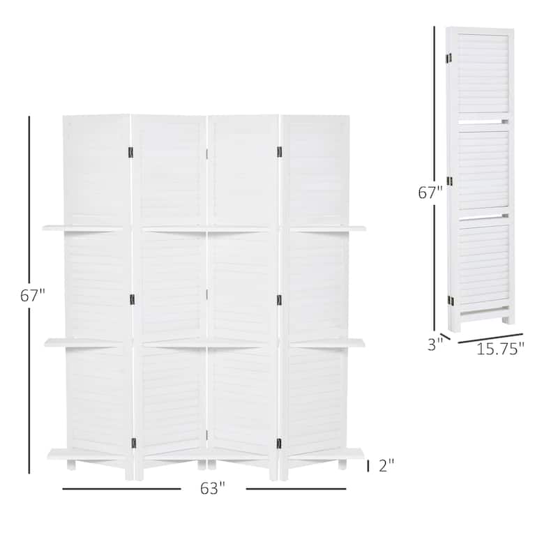 4 Panel 67" Tall Wood Privacy Screen Room Divider with 3 Display Shelves, and Folding Storage for Bedroom or Home Office, White