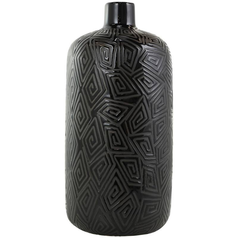 Black Ceramic Vase with Geometric Etchings