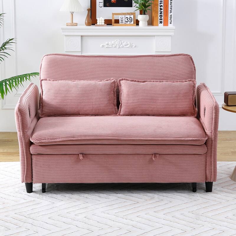 65.74-inch Pink Letter Striped Corduroy Multifunctional Sofa Bed with Adjustable Armrests and Backrests