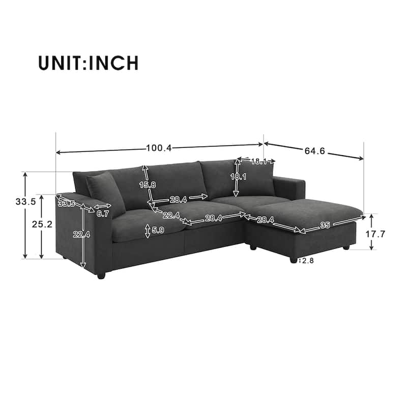Modern L-shaped 4-seat Sectional Sofa w/ 2 Pillows,Convertible Ottoman
